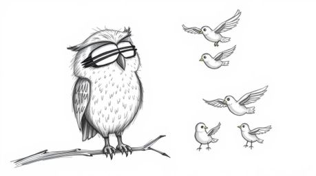 A heartwarming hand-drawn sketch in the style of Pixar depicts a blind owl with gentle features patiently teaching several bi