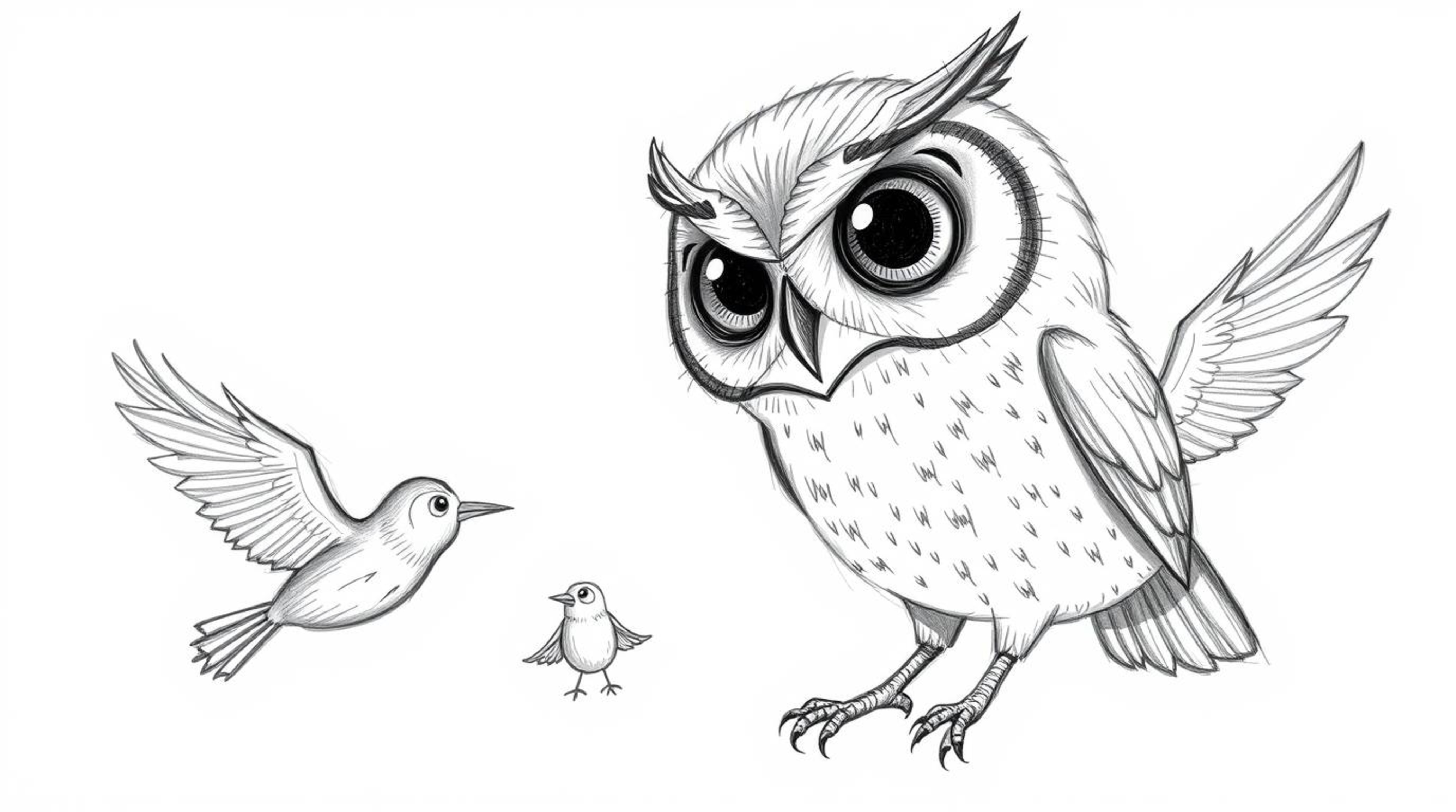 A heartwarming and whimsical scene depicting a blind owl, rendered in a Pixar-inspired style with textured pencil strokes, gu