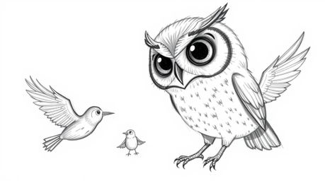 A heartwarming and whimsical scene depicting a blind owl, rendered in a Pixar-inspired style with textured pencil strokes, gu