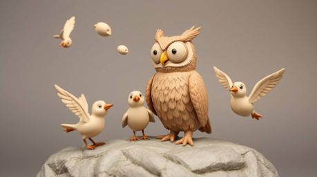Experience the heartwarming scene of a blind owl, rendered in a delightful Pixar style, patiently guiding birds as they learn