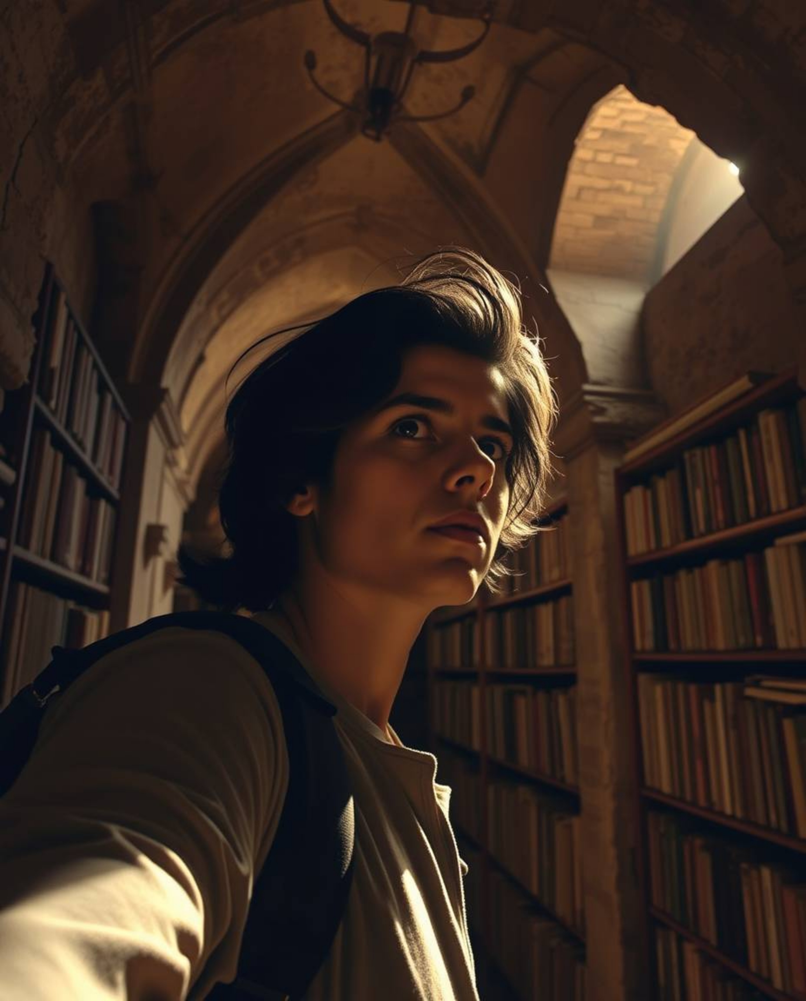 A person with olive skin and dark hair stumbles upon a hidden underground library, dramatically lit with strong, hard light. 