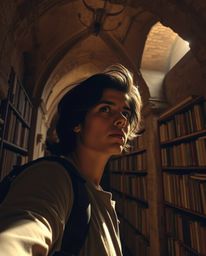 A person with olive skin and dark hair stumbles upon a hidden underground library, dramatically lit with strong, hard light. 