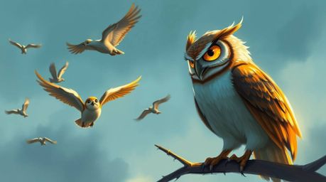 A heartwarming digital sketch depicts a blind owl in a painterly style, reminiscent of Pixar animation. Set in a fantasy land