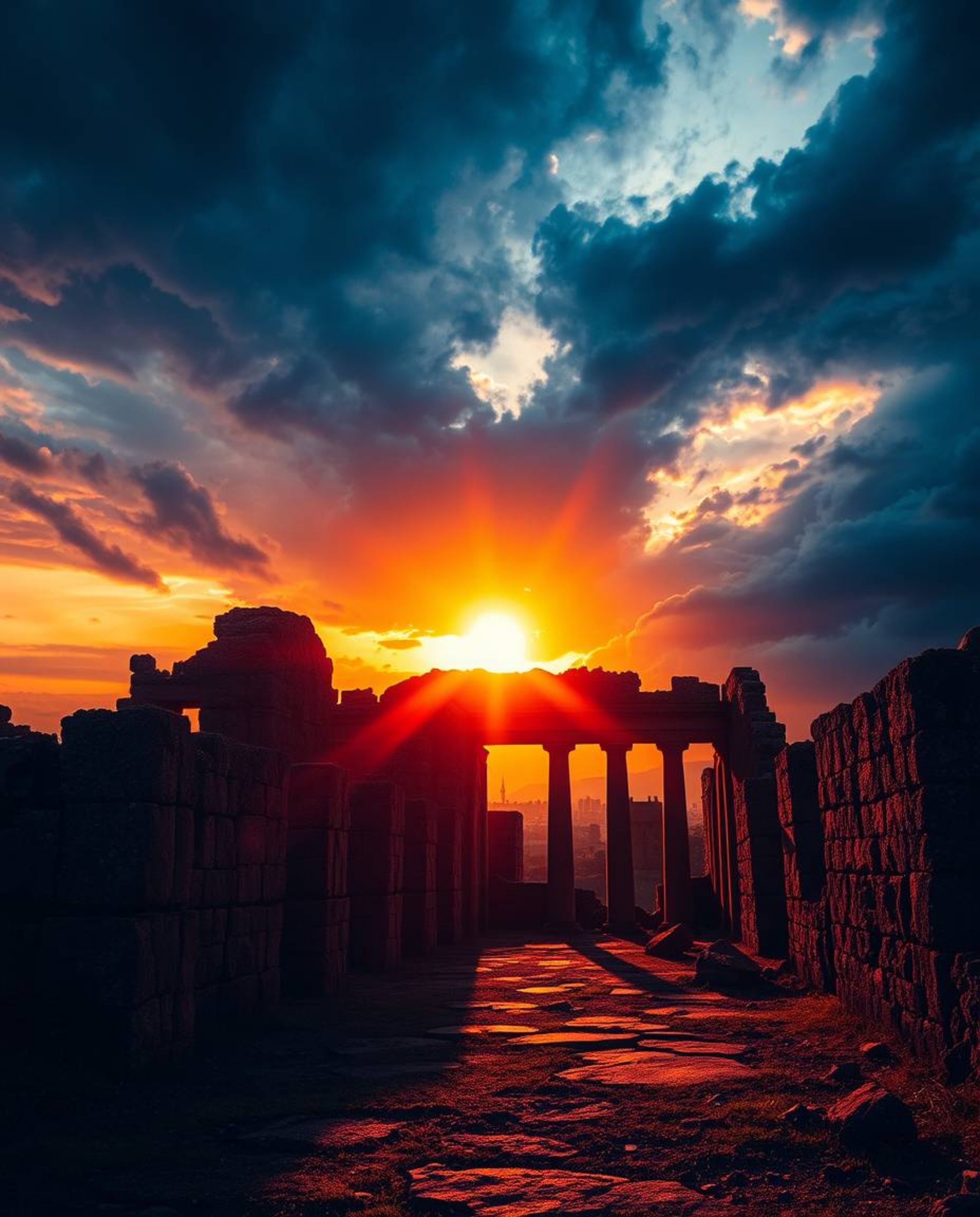 An intense, dramatic weather scene depicts a sunset casting shadows through ancient stone ruins. The atmosphere is charged wi