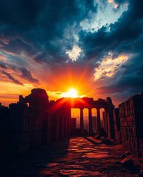 An intense, dramatic weather scene depicts a sunset casting shadows through ancient stone ruins. The atmosphere is charged wi