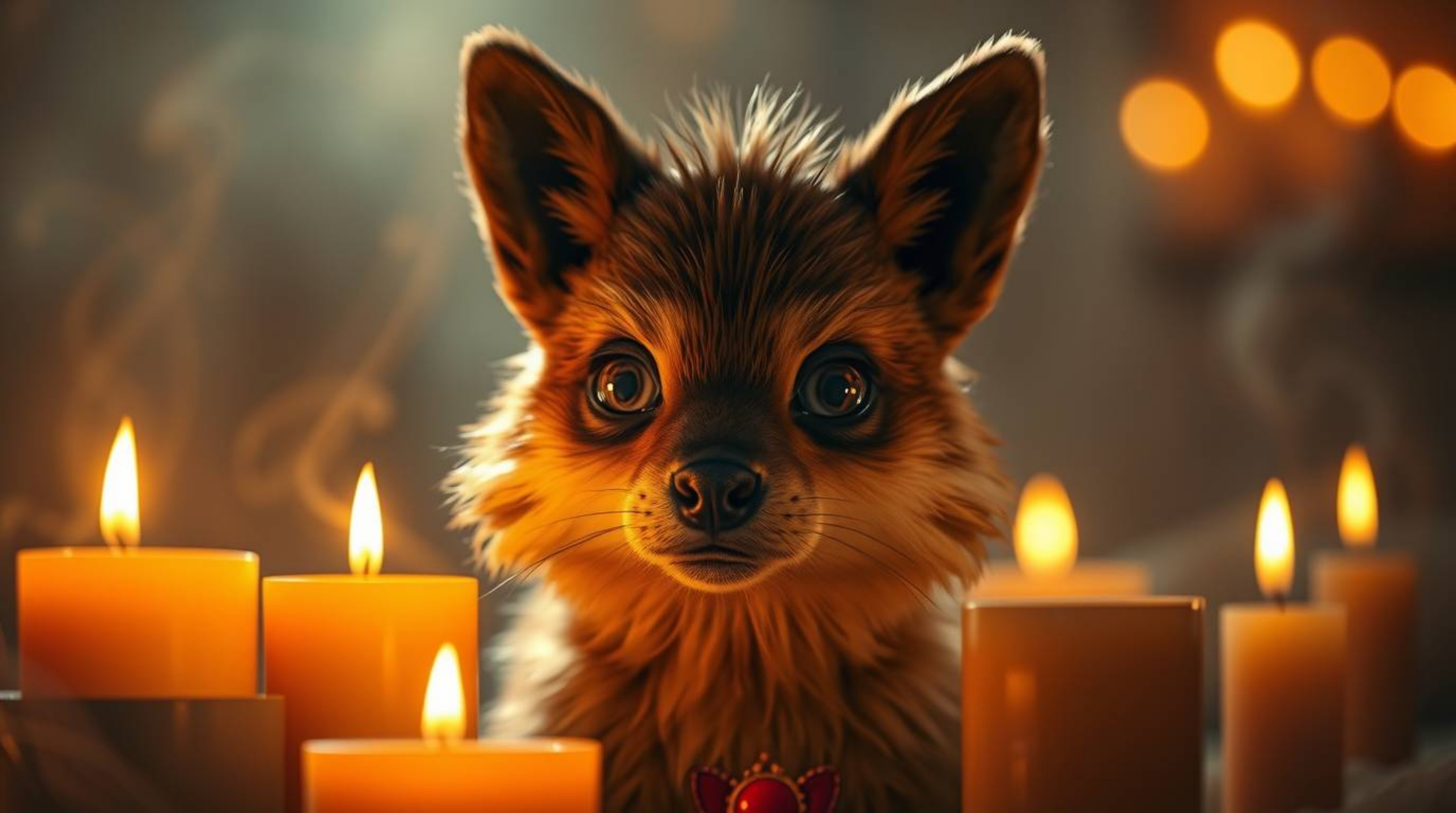 A sarcastic animal sidekick with expressive eyes is bathed in the warm, dreamy glow of candlelight.  The hazy, soft light and