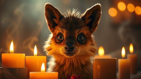 A sarcastic animal sidekick with expressive eyes is bathed in the warm, dreamy glow of candlelight.  The hazy, soft light and