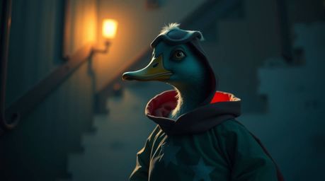 Immerse yourself in a softly lit, eerie scene featuring a duck donning a zany superhero costume. This artwork, rendered in pa