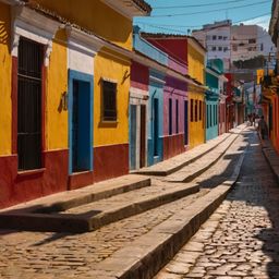 Experience the vibrant energy of a Latin American city street. This scene is bursting with color, featuring brightly painted 