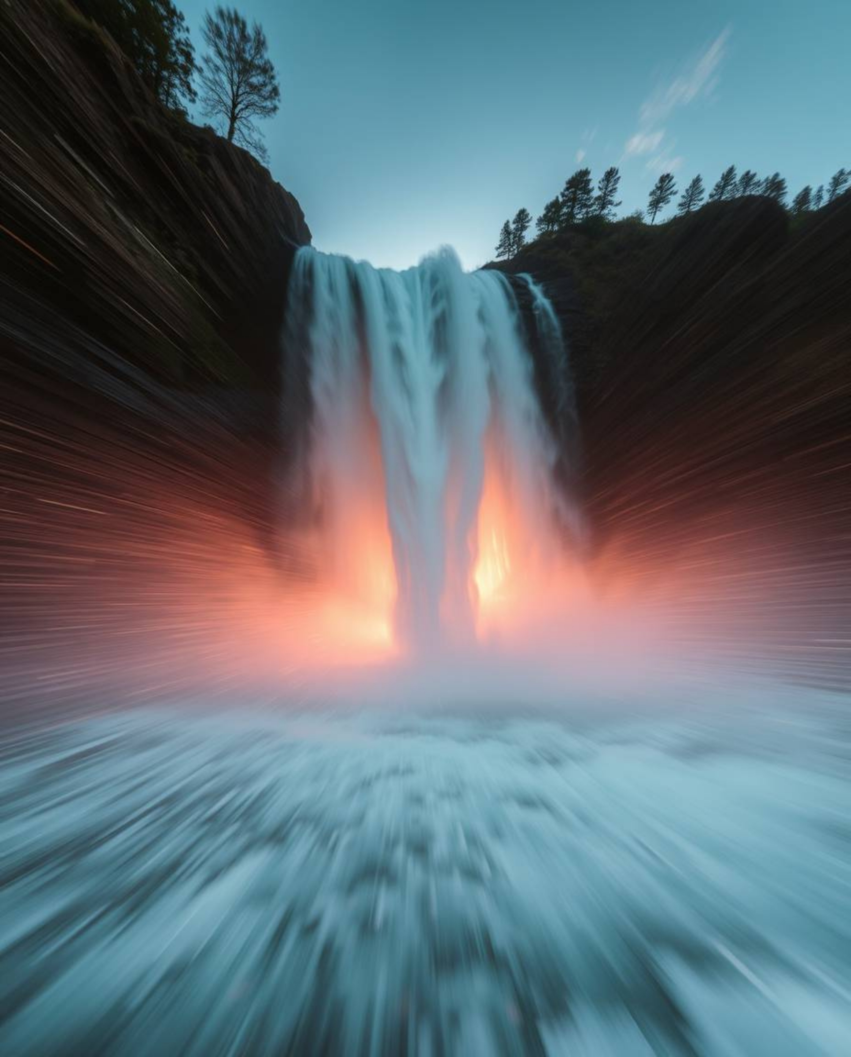 This is a dynamic action shot of a dramatic waterfall at sunset, defined by its blurred motion lines and energetic action pos