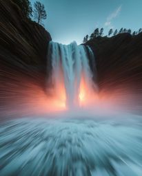 This is a dynamic action shot of a dramatic waterfall at sunset, defined by its blurred motion lines and energetic action pos