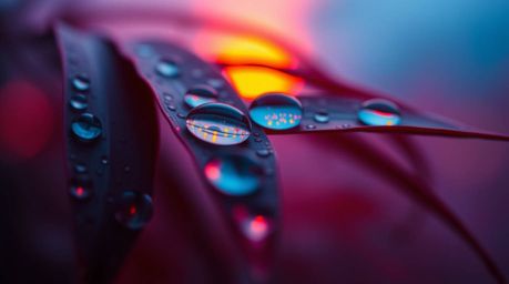 Experience the mesmerizing beauty of a sunset reflected in vibrant, bioluminescent raindrops clinging to leaves. This extreme
