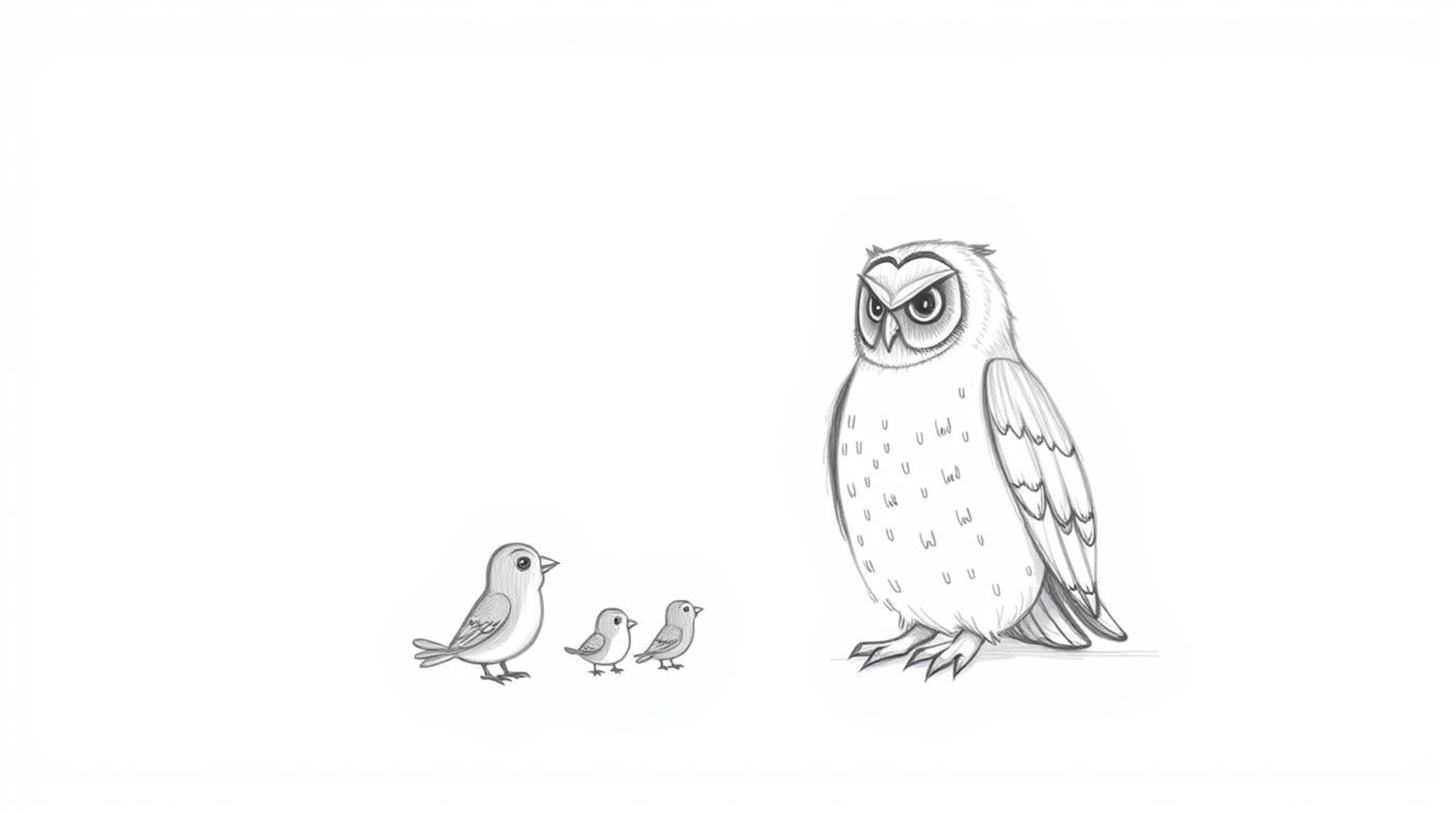 A serene hand-drawn sketch depicts a wise, blind owl patiently guiding a group of small birds in their first flight attempts.
