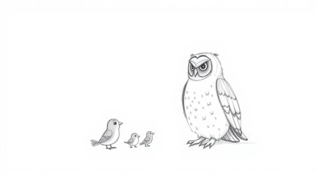 A serene hand-drawn sketch depicts a wise, blind owl patiently guiding a group of small birds in their first flight attempts.