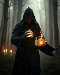 A captivating image depicts a dynamic, in-motion cloaked figure cradling a glowing orb amidst a misty forest, illuminated by 