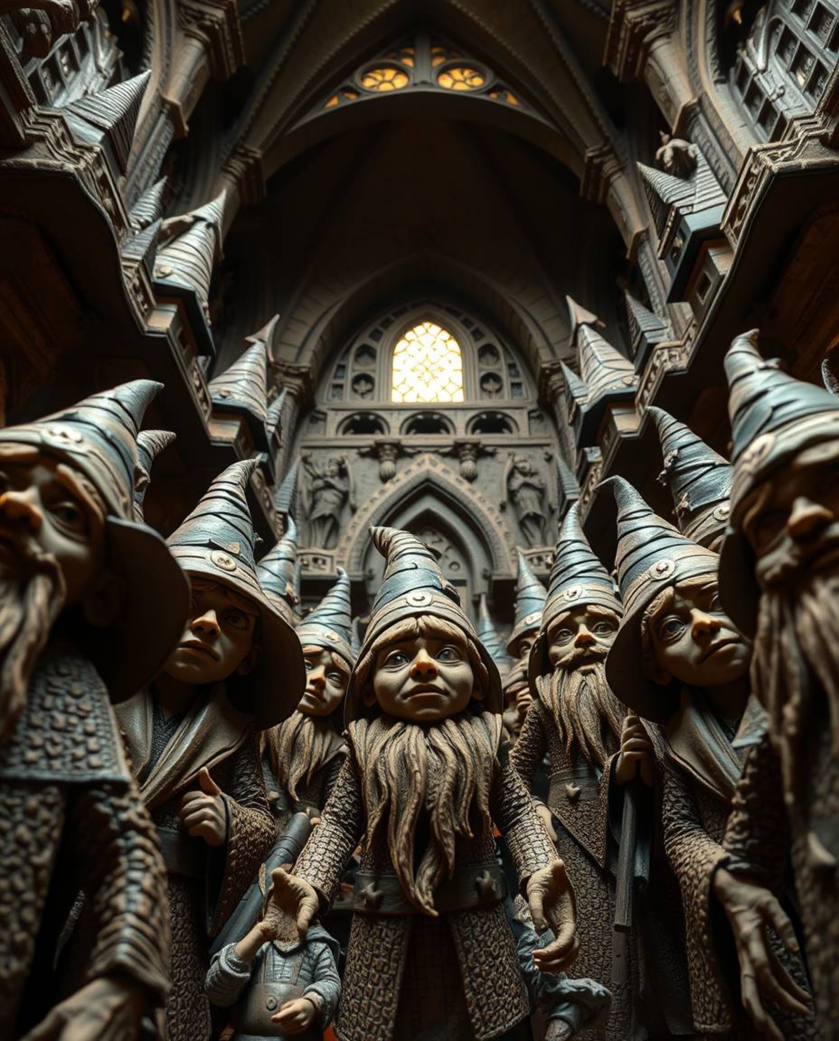 A captivating low-angle perspective reveals a magical school brimming with young wizards, meticulously sculpted from textured