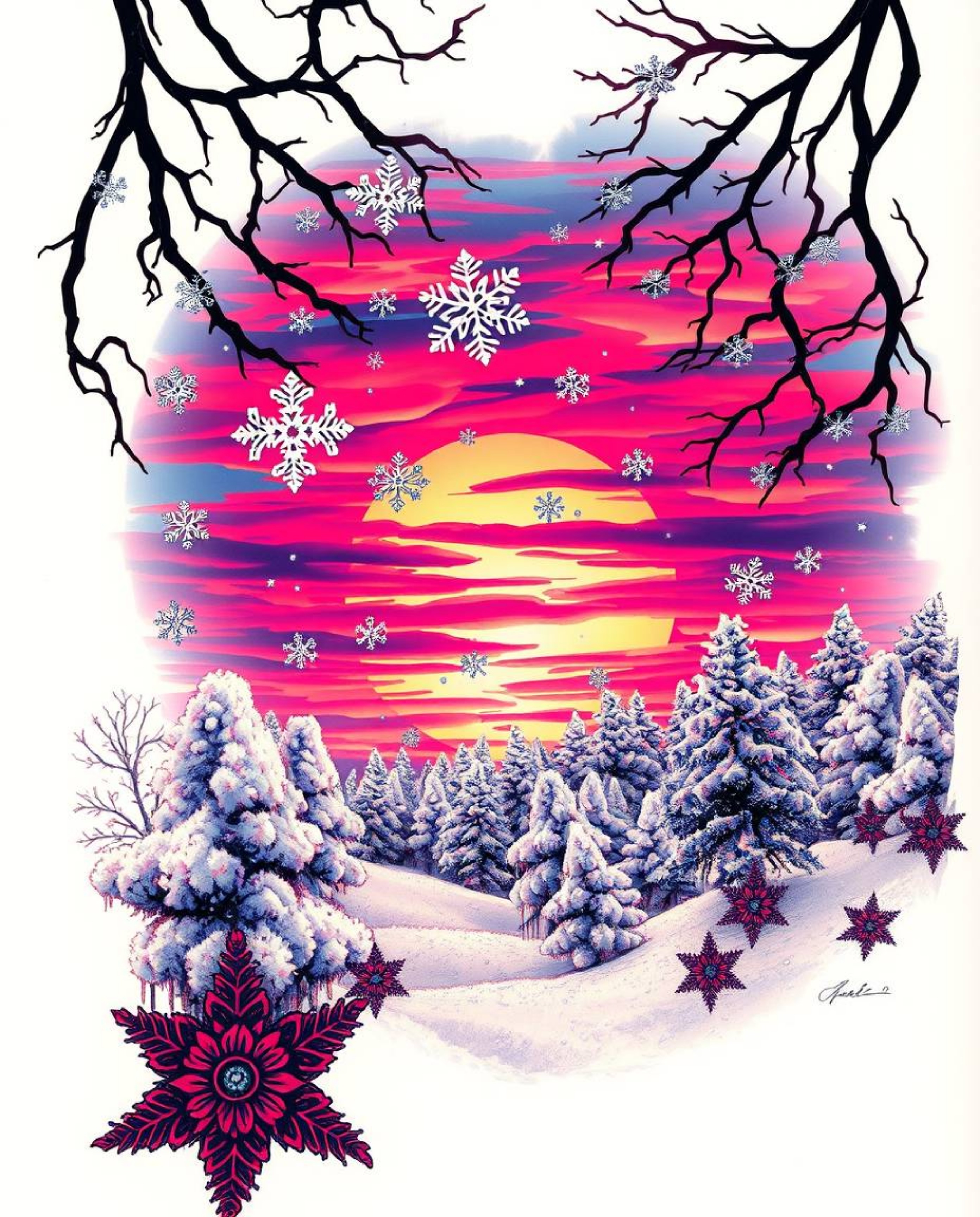 This surreal infrared tattoo art print captures the enchanting scene of snowflakes falling during a vibrant sunset. The desig