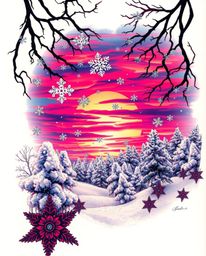 This surreal infrared tattoo art print captures the enchanting scene of snowflakes falling during a vibrant sunset. The desig