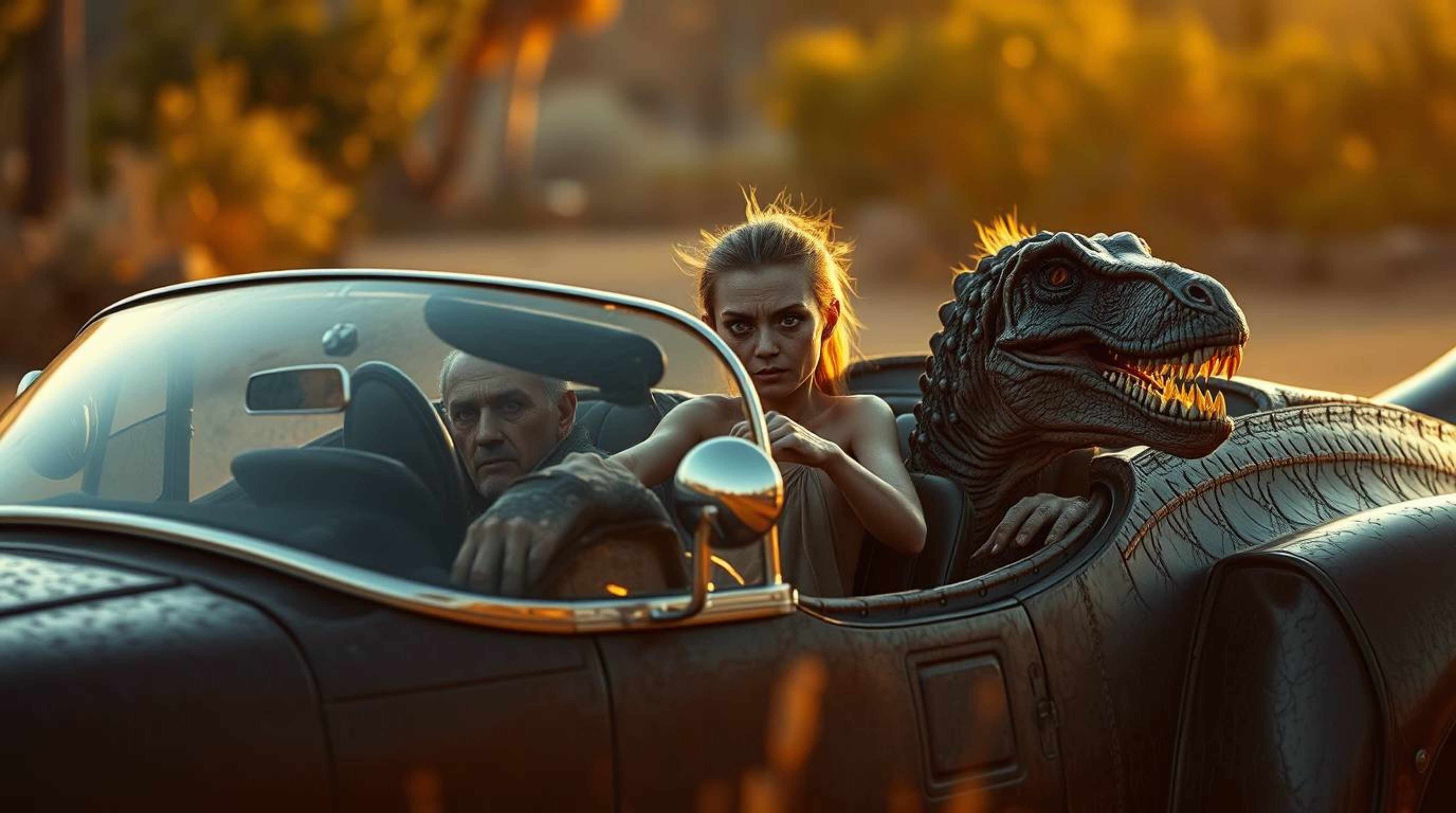 A captivating image depicts a prehistoric family with weathered skin and intense eyes, riding a sleek, chrome dinosaur car ba