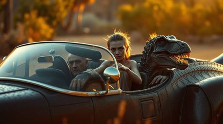 A captivating image depicts a prehistoric family with weathered skin and intense eyes, riding a sleek, chrome dinosaur car ba