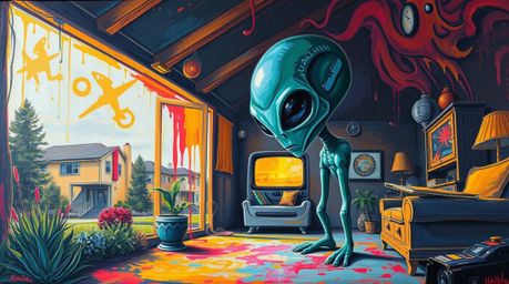 A captivating acrylic painting showcases an alien creature residing within a typical suburban house, brought to life with cre