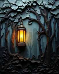 Discover a captivating layered papier-mâché artwork depicting a glowing lantern in a dark, mysterious forest.  The piece feat