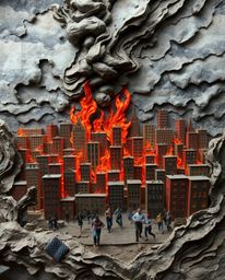 A chaotic and intensely dramatic scene unfolds as a city is engulfed in flames, with people running for their lives under sto