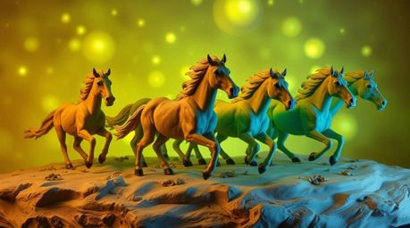 This sculptural clay art piece captures the dynamic energy of a herd of wild horses galloping under a breathtaking, biolumine