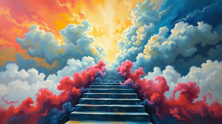 A vibrant acrylic painting depicting a winding stairway of smoke and light, ascending into a vast, cloudy sky. This artwork c