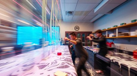 A captivating long-exposure photograph showcasing a slime-covered science lab, dynamically capturing motion and light trails.