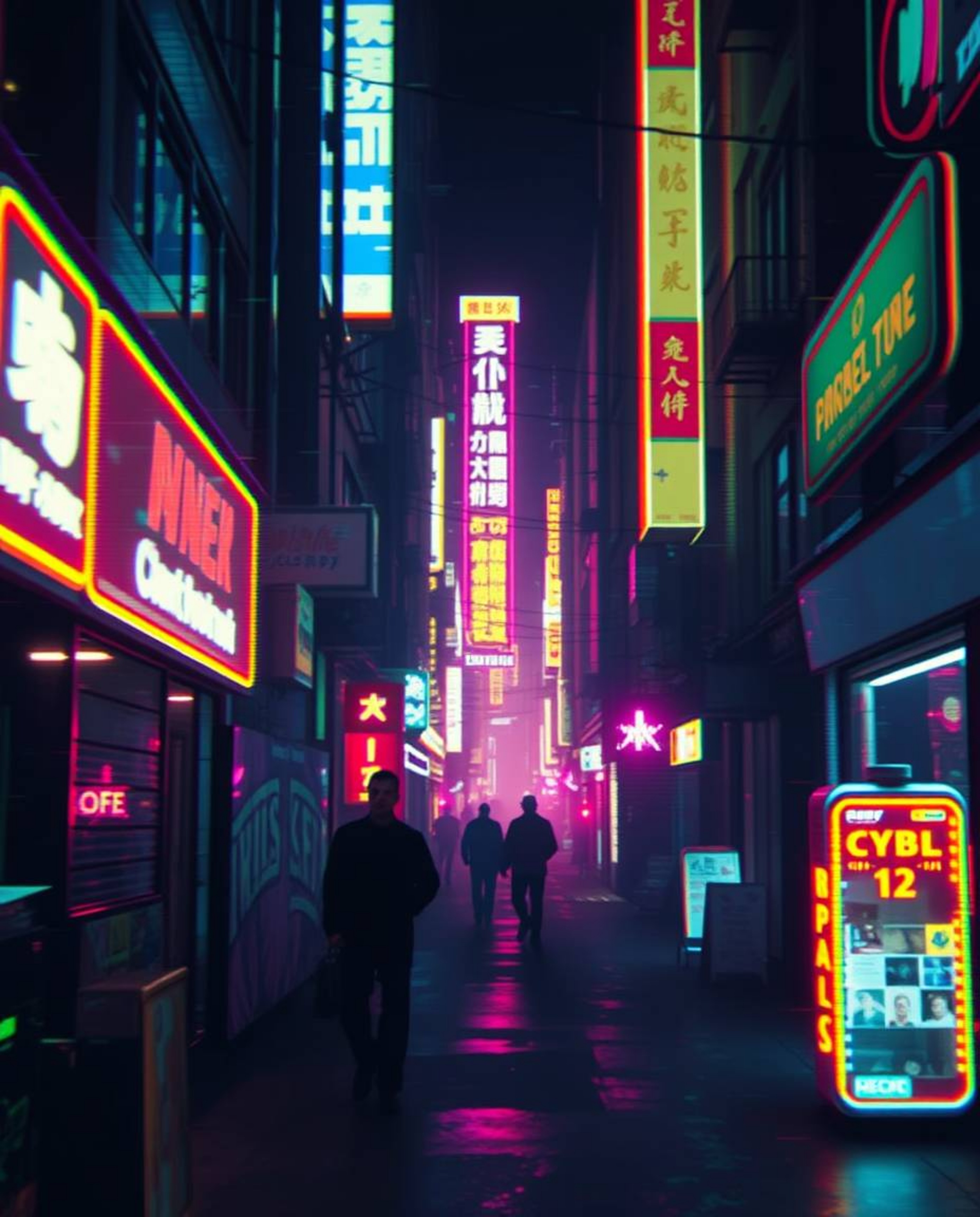Immerse yourself in a cinematic pixelated glitch image depicting a cyberpunk street bathed in a neon haze. The film-like comp