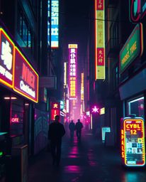 Immerse yourself in a cinematic pixelated glitch image depicting a cyberpunk street bathed in a neon haze. The film-like comp