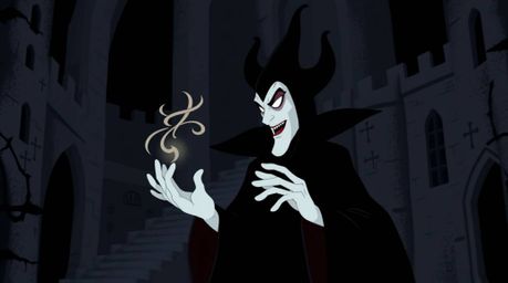 A captivating illustration showcases a classic Disney villain with stark features casting a spell within an old castle. This