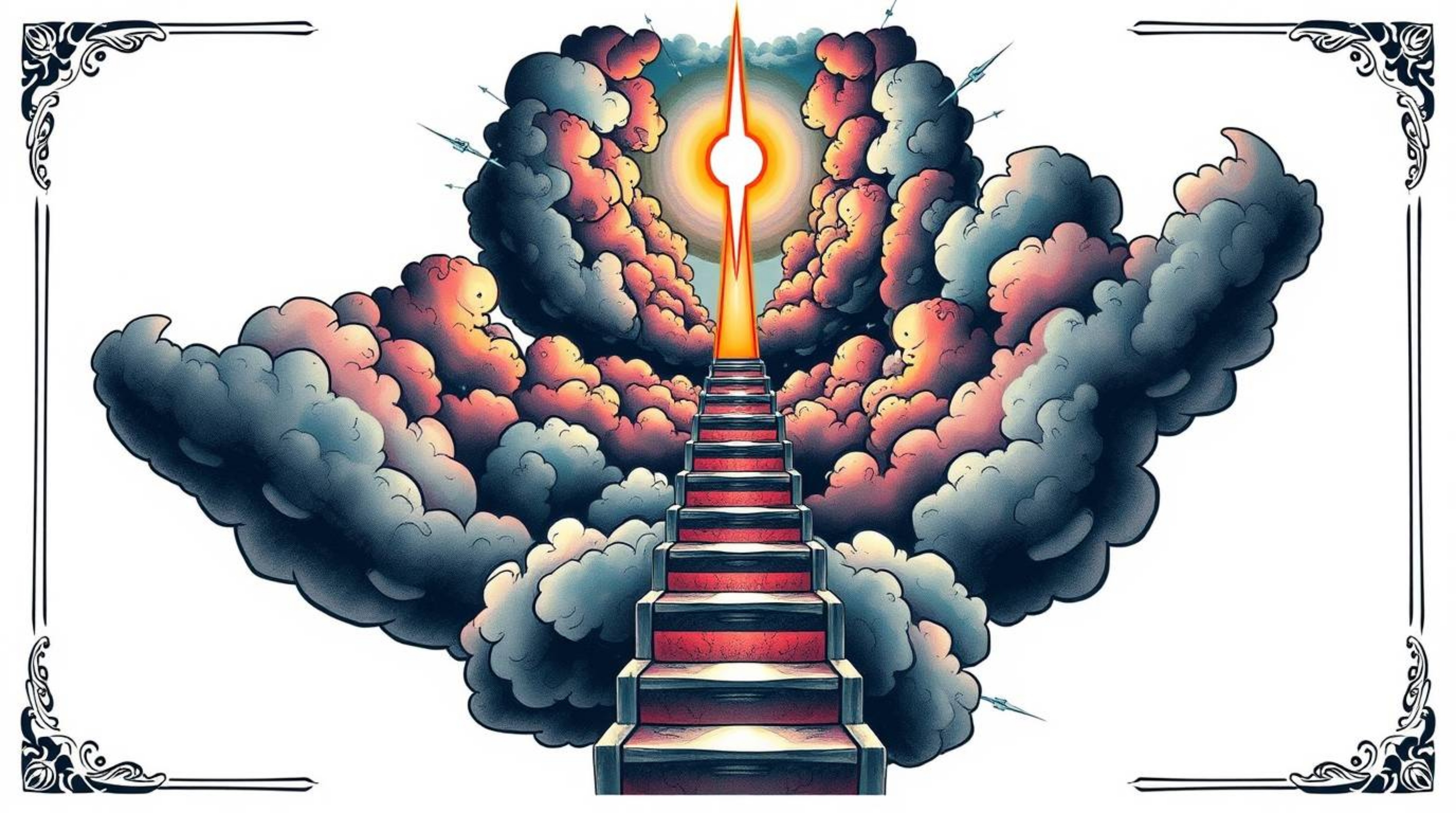 A captivating surreal art print depicts a vibrant stairway ascending through smoky clouds towards a celestial light, symboliz