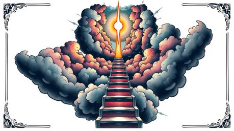 A captivating surreal art print depicts a vibrant stairway ascending through smoky clouds towards a celestial light, symboliz