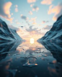 A futuristic sci-fi scene featuring a glassy fjord reflecting a sunset. Rendered in sharp focus with a blurred bokeh effect, 