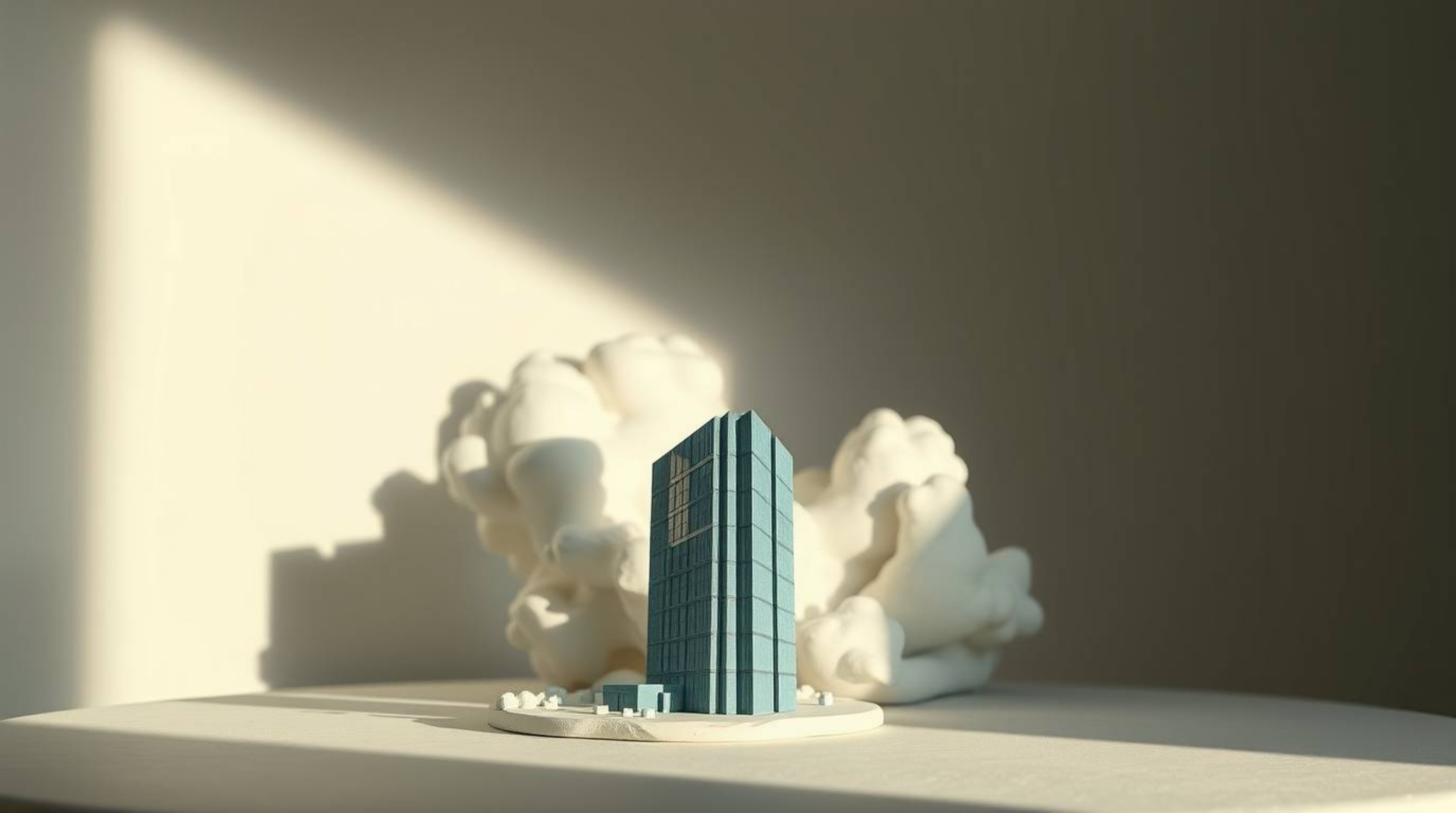 A captivating piece of sculptural clay art depicts a modern glass building seamlessly dissolving into a soft, cloudy sky.  Th