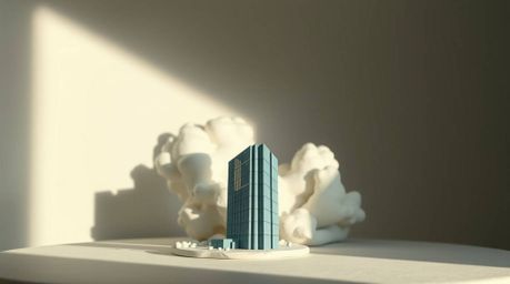 A captivating piece of sculptural clay art depicts a modern glass building seamlessly dissolving into a soft, cloudy sky.  Th
