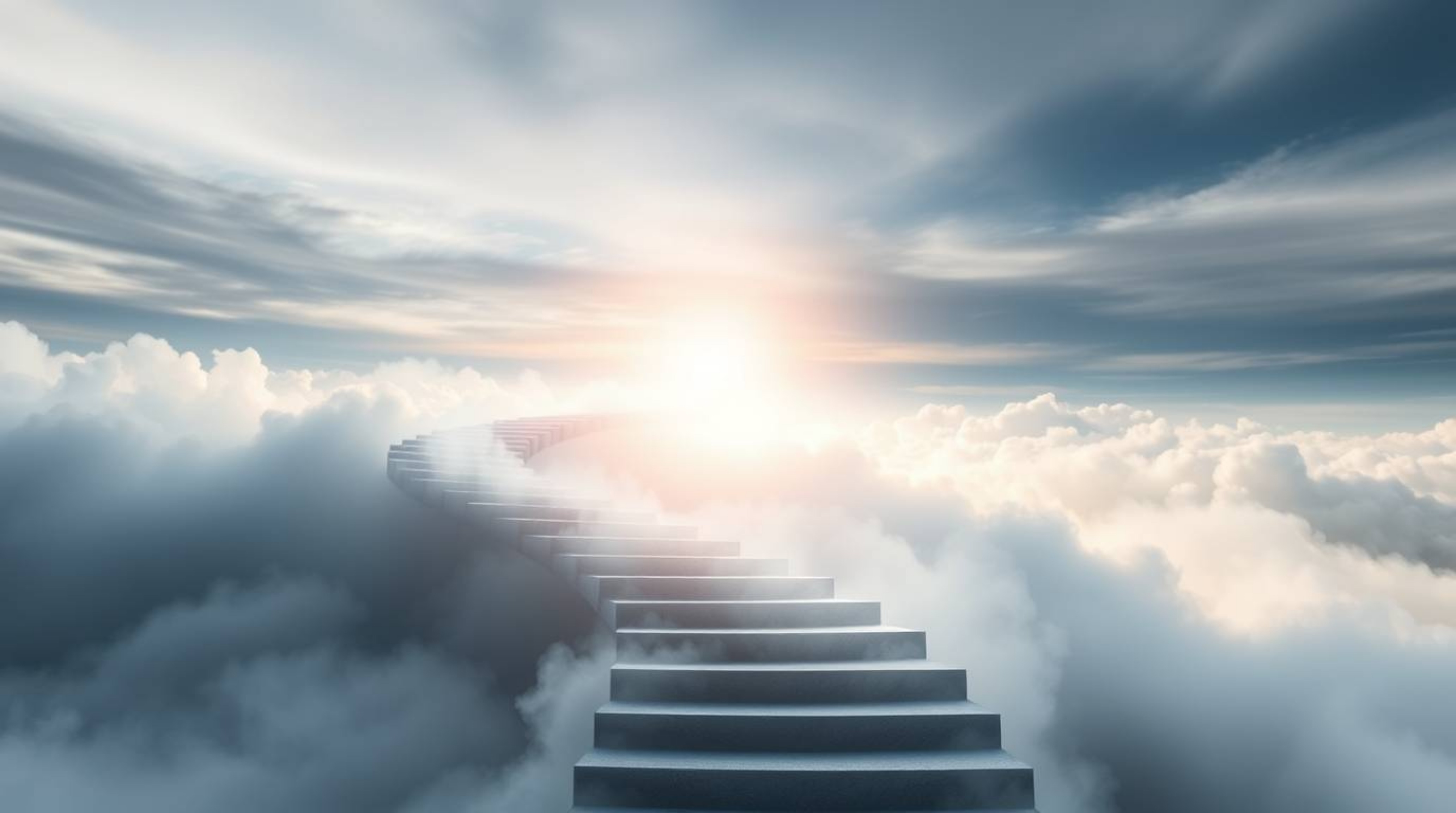A captivating image showcases a winding stairway constructed from smoke and light, gracefully ascending into a vast, cloudy s