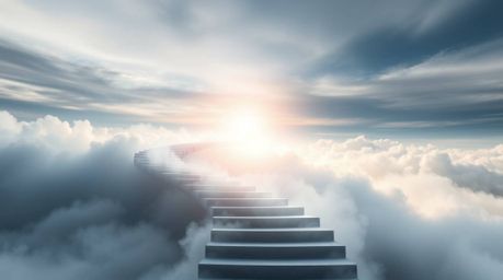 A captivating image showcases a winding stairway constructed from smoke and light, gracefully ascending into a vast, cloudy s