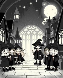 Capture the timeless elegance of a magical school filled with adorable young wizards in this classic black and white image. T