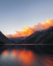 An image featuring a smooth gradient transition of warm, golden hour light reflecting fiery clouds in a mountain lake. The fo