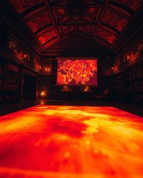 This artwork presents a captivating low-angle view of a glowing map projection within a vintage study, bathed in warm hues of
