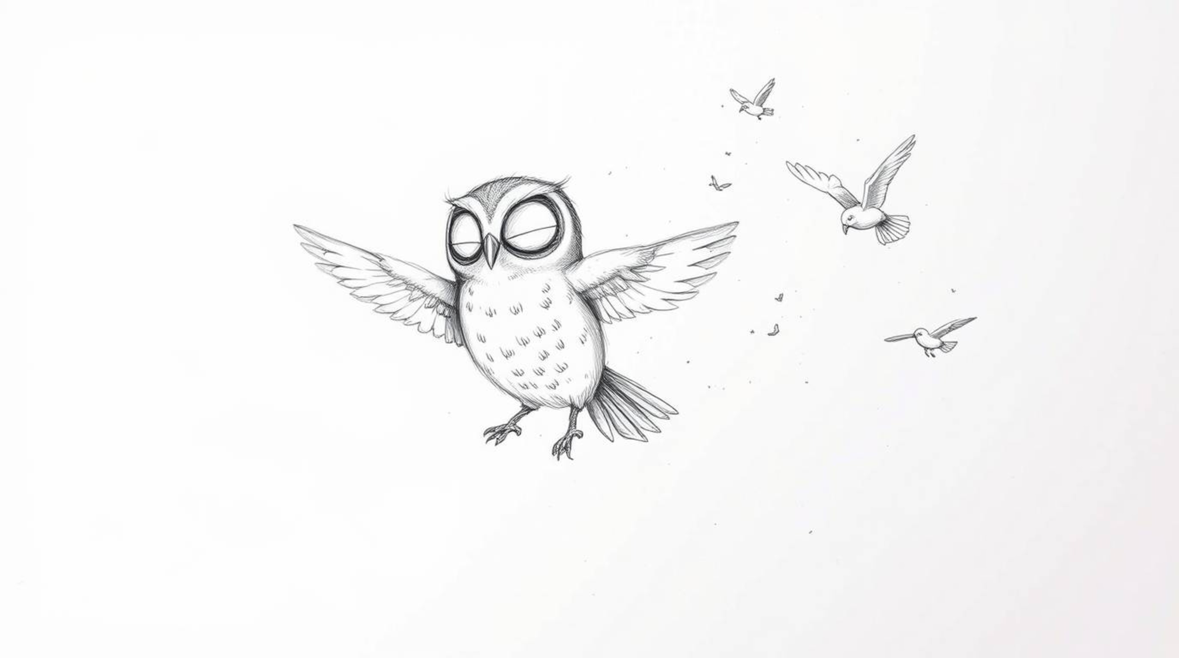 A charming hand-drawn sketch in the style of Pixar depicts a serene blind owl patiently teaching birds the art of flight.  Th