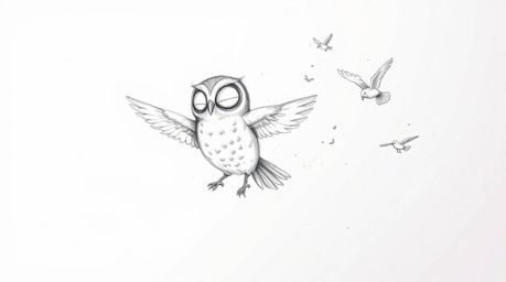 A charming hand-drawn sketch in the style of Pixar depicts a serene blind owl patiently teaching birds the art of flight.  Th