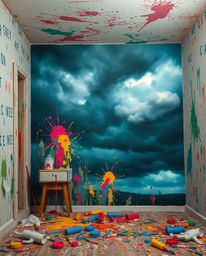Witness an adorable yet chaotic room exploding with paint, dramatically contrasted against an intense and stormy sky. The sce
