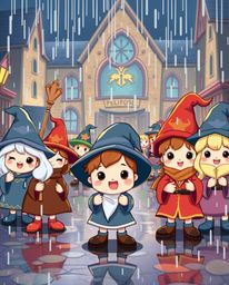 Discover a whimsical magical school brimming with adorable young wizards!  This enchanting scene features a wet, rainy day, w