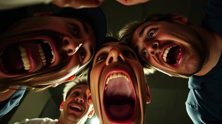 Experience a hilarious and dramatic gross-out comedy moment captured from a unique low-angle perspective.  Exaggerated expres