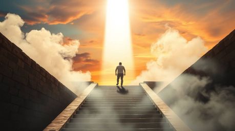 A captivating fine art photograph showcases a lone figure's ascent up a stone staircase towards a divine beam of light. Bathe