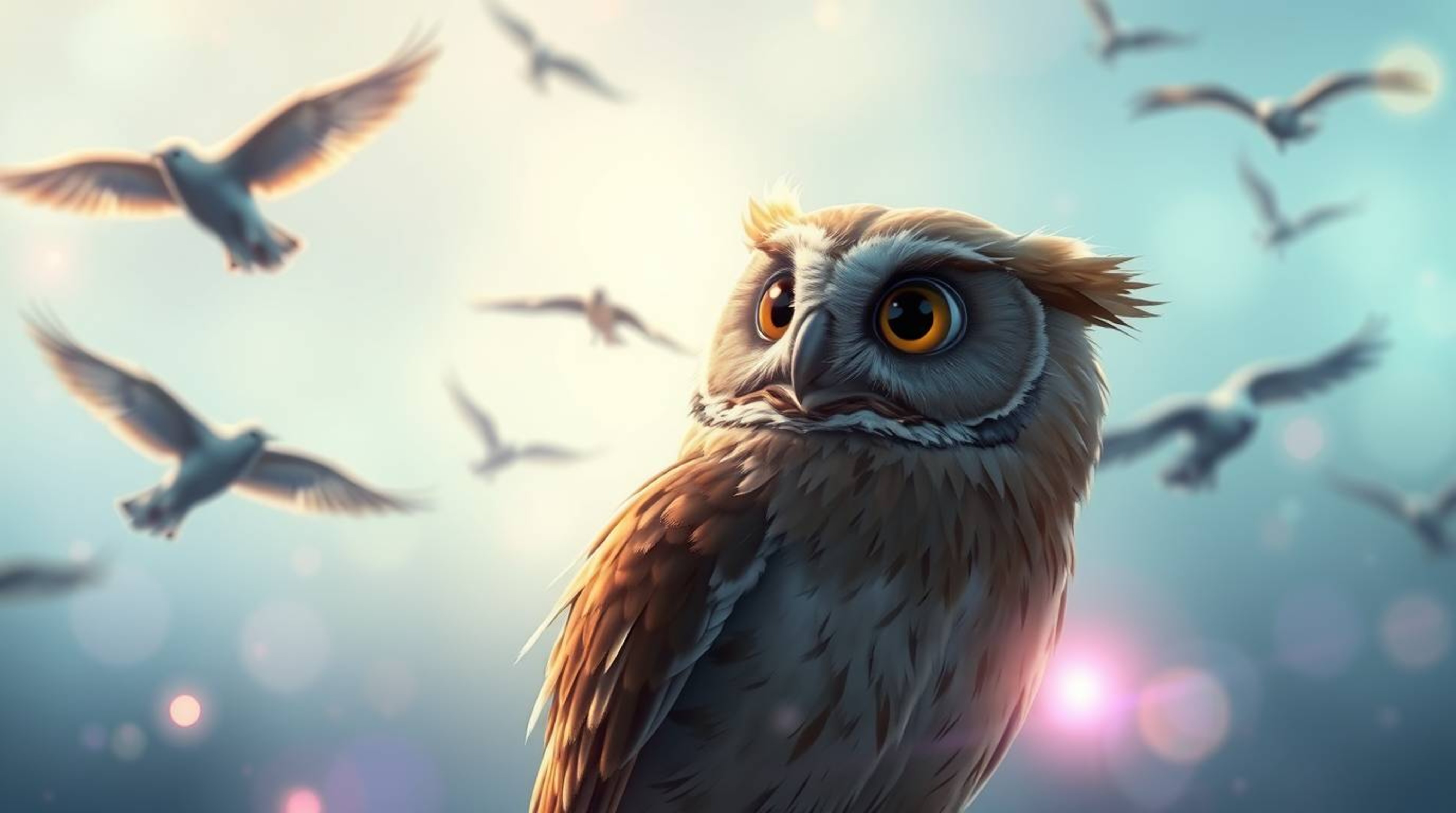 A Pixar-style image showcases a blind owl, characterized by its soft, brown feathers and expressive eyes, as it proudly obser